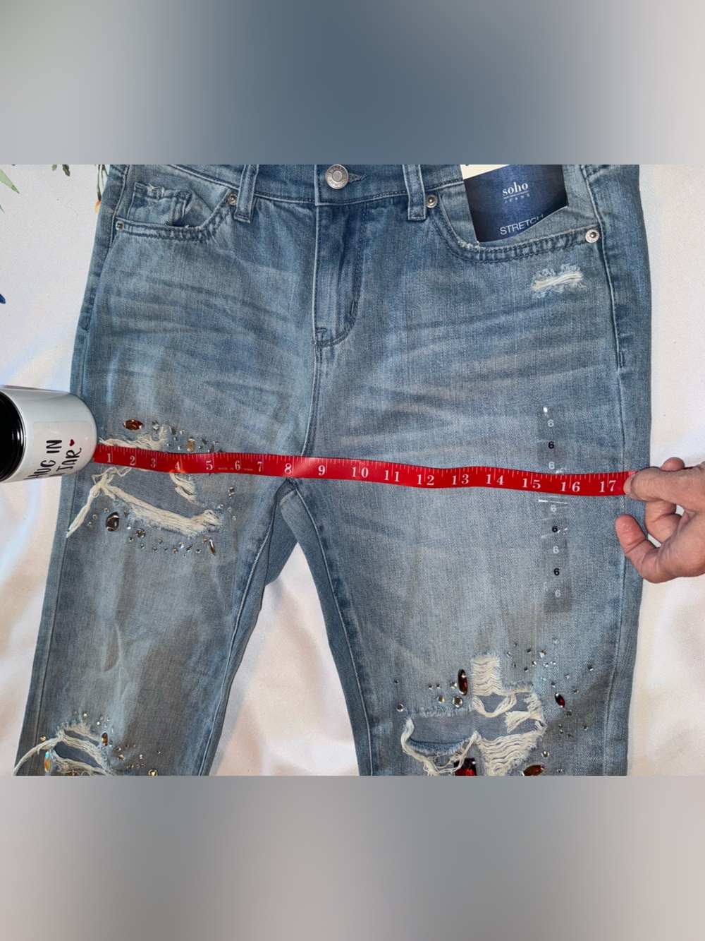 New York&Co Soho Straight leg Distressed ( open rip style ) with gems Jeans BNWT - Picture 7 of 16